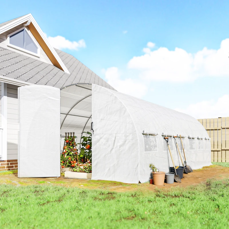 Outsunny Estufa de Túnel 6x3x2 m com Porta de Dobradiças,12 Janelas com Rede e Estrutura de Aço Galvanizado Branco