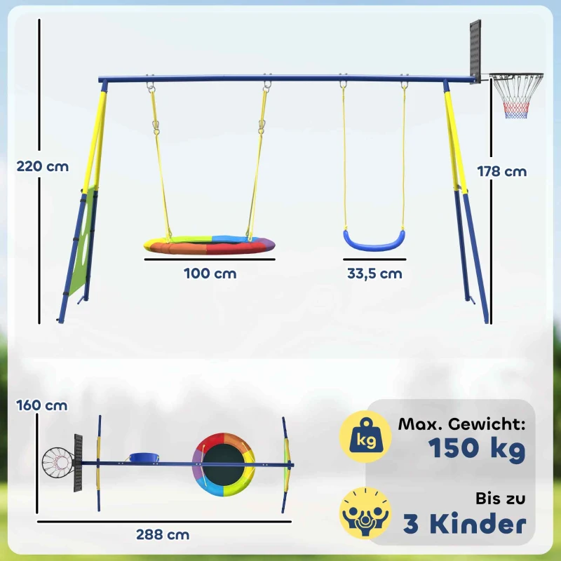 AIYAPLAY Schaukelgestell 4-in-1 Schaukel-Set bis 150 kg mit Nestschaukel Basketballkorb Fußballtor U-Schaukel 288 x 160 x 220 cm