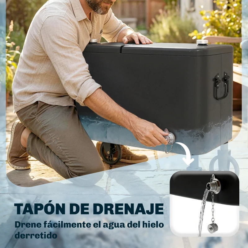 Outsunny Chariot réfrigérant 56 L avec roues poignée réglable ouvre-bouteilles récupérateur de capsules drainage et poignée 75x35x120 cm Noir