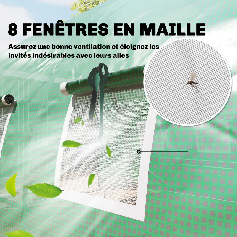 Outsunny Serre tunnel de jardin 12m², serre de jardin tunnel 295x400x200cm 2 portes et 8 fenêtres bâche PE 140 g/m² vert