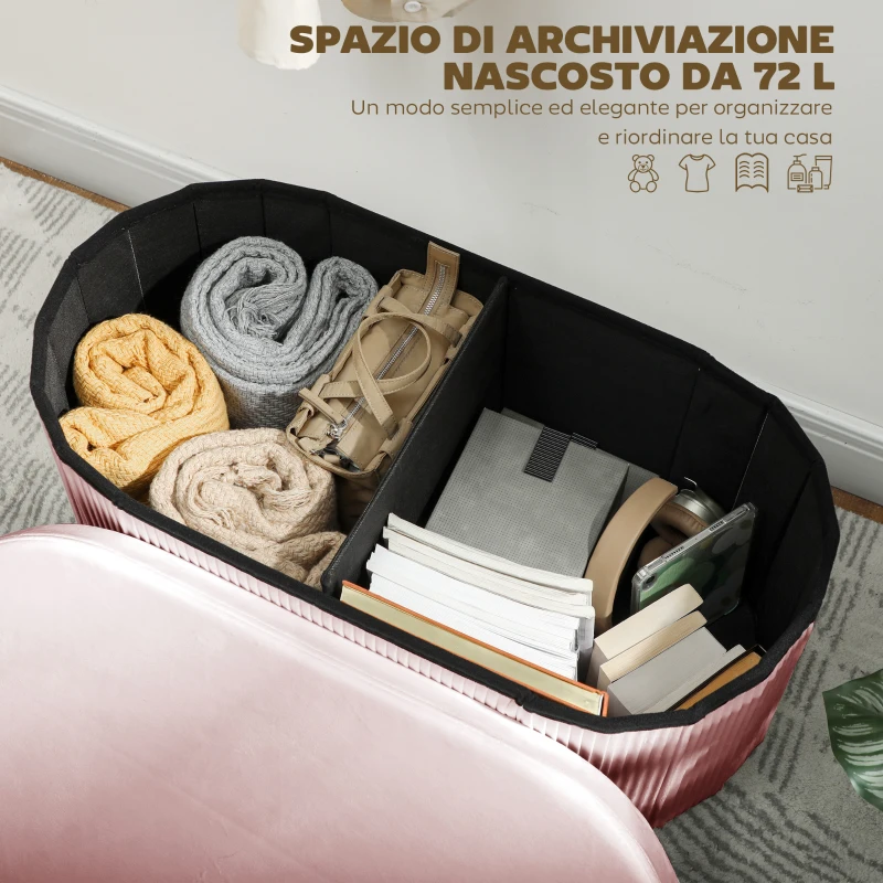HOMCOM Pouf Contenitore Pieghevole con Vano da 72L e Rivestimento in Velluto, 76x38x35 cm, Rosa