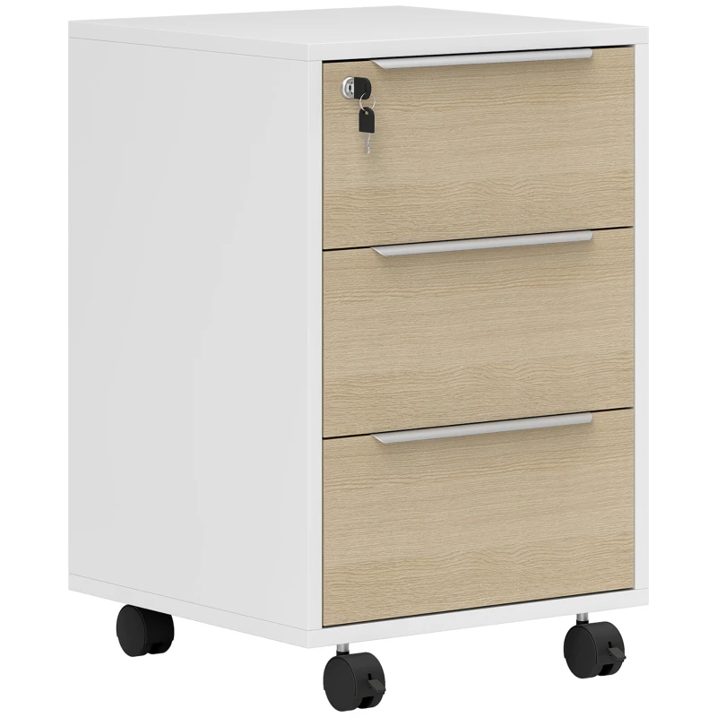 HOMCOM Rolling office pedestal with 3 drawers and lock, rolling office storage unit, 40 x 40 x 63.5 cm, oak