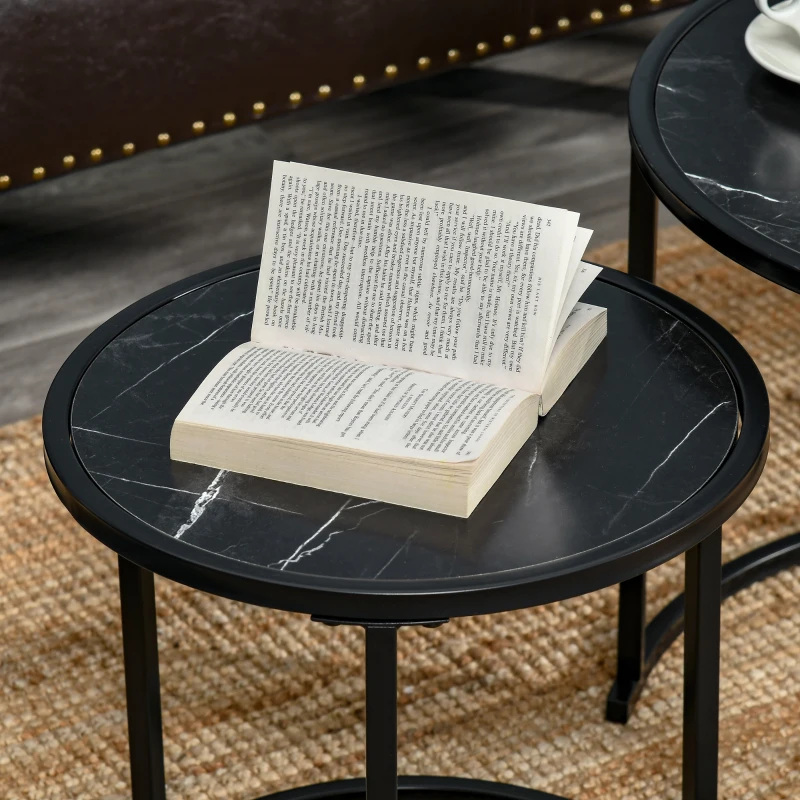 HOMCOM Set of 2 Round Nesting Stackable Coffee Tables, Marble-Effect Wooden Top and Metal Legs, Black
