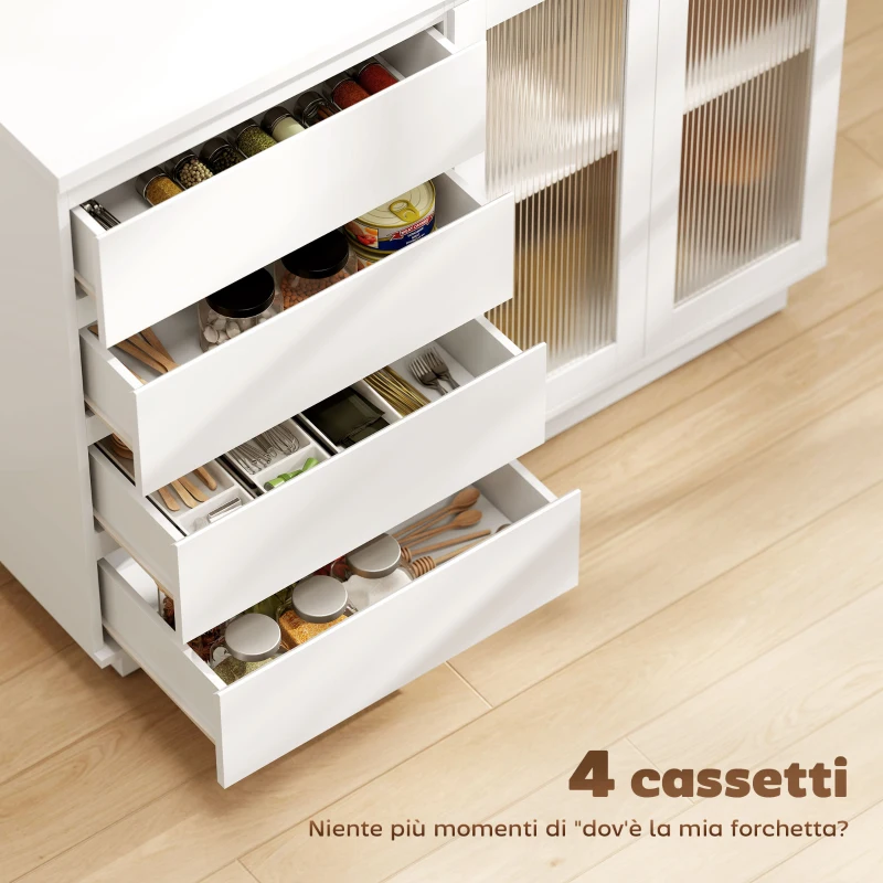 HOMCOM Credenza Buffet in Legno con 4 Cassetti e Armadietto con Ante in Vetro e Ripiani Regolabili, 120x40x91 cm, Bianco