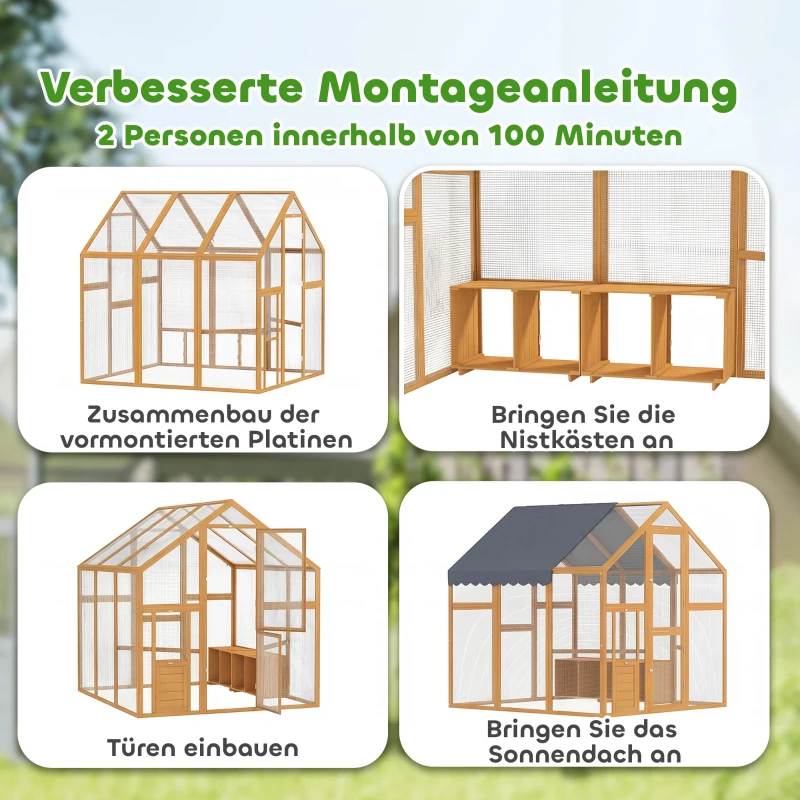 PawHut Hühnerstall 3,07㎡ Freilaufgehege Holz mit wasserdichtem Tuch, Sicherheitsschloss, für 6-8 Hühner 1,7 x 1,8 x 1,8 m