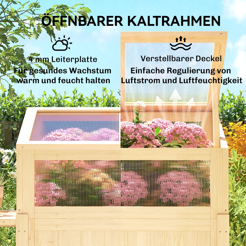Outsunny Hochbeet mit Frühbeetaufsatz aus Holz Pflanzkasten mit Gewächshaus klappbar Seitentisch Ablagefach Naturholz