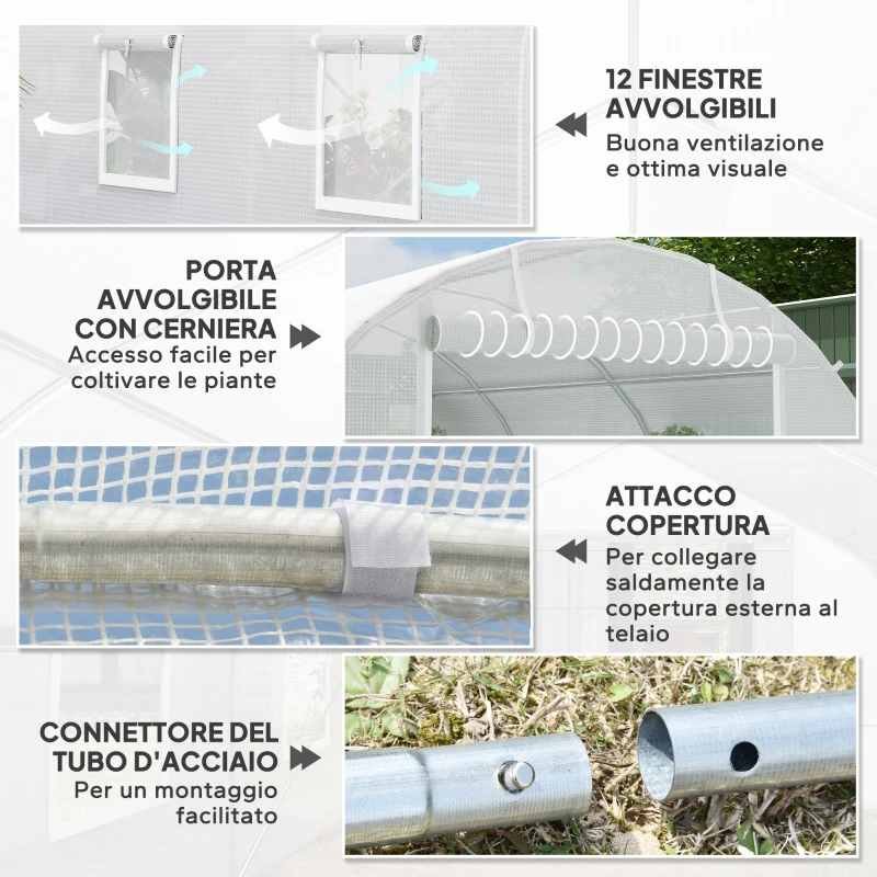Outsunny Serra a Tunnel 8x3x2 m con Rivestimento in Plastica e Acciaio Rinforzato, Bianco
