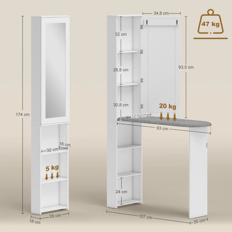 HOMCOM Mueble de Plancha con Espejo Tabla de Planchar Plegable 6 Compartimentos 2 Ganchos 107x35x174 cm Blanco