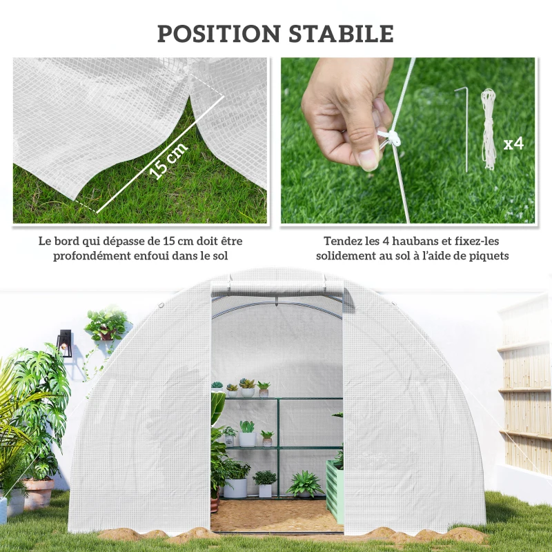 Outsunny Serre de jardin tunnel 9 m² 4 fenêtres, porte zippée enroulable châssis acier galvanisé, bâche PE 3 x 3 x 2 m blanc