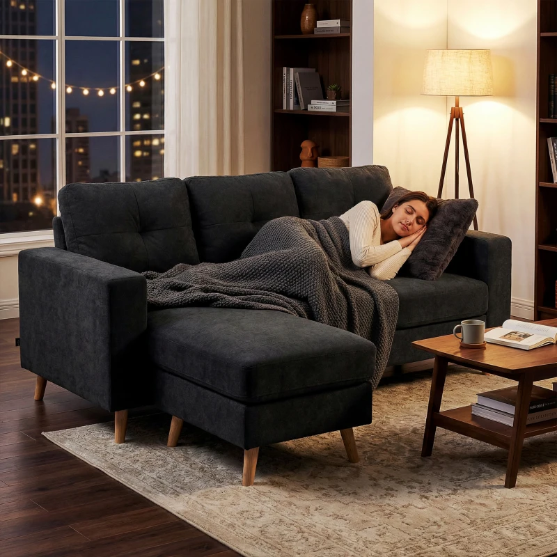 HOMCOM 3-Sitzer-Sofa Sofa Couch Ecksofa, mit Chaiselongue, Knopfheftung, 193 x136 x 85 cm, Schwarz(m-8)