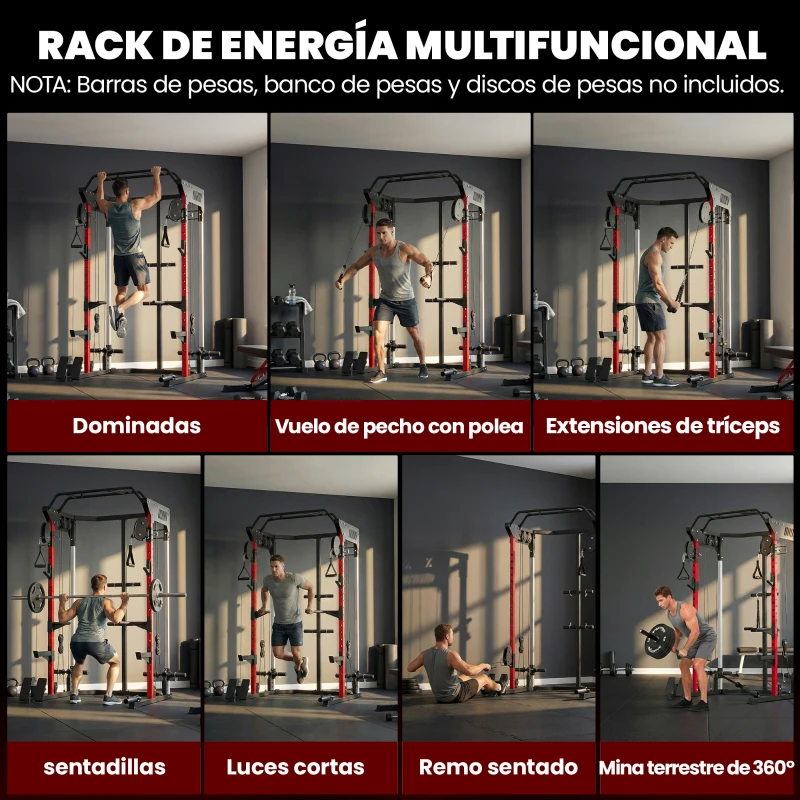 SPORTNOW Jaula de Potencia Smith Machine, Rack para Sentadillas con Sistema Polea Ajustable Barra Dominadas y Estación de Fondos