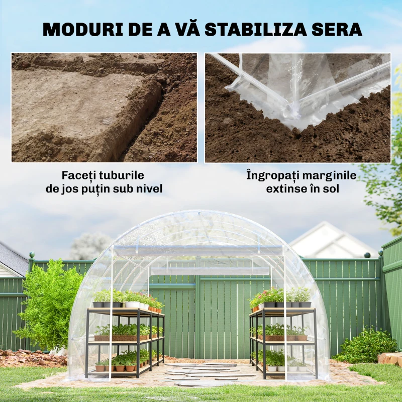 Outsunny Seră de Grădină Tip Tunel 3x4x2 m cu 2 Uși Rulabile, Seră pentru Legume cu 4 Întăriri Diagonale, Cadru din Oțel și Acoperiș PE, pentru Legume, Flori, Fructe, Anti-UV, Transparent