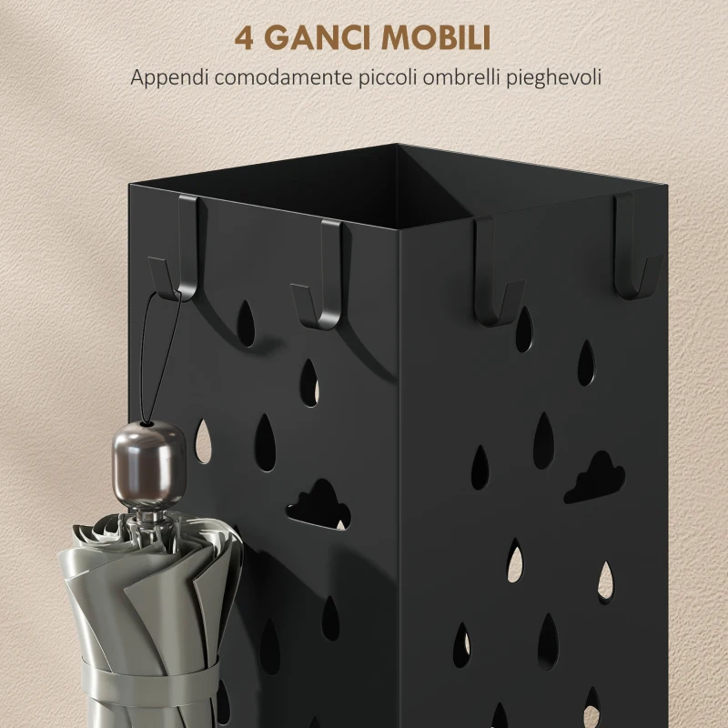 HOMCOM Portaombrelli Moderno con Raccogligocce e Ganci in Metallo, 15.5x15.5x49 cm, Nero