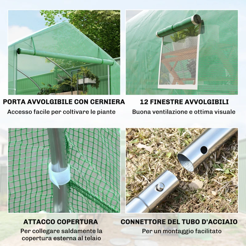 Outsunny Serra da Giardino a Tunnel 8x3x2m in PE e Acciaio con Porta Avvolgibile e Finestre, Verde