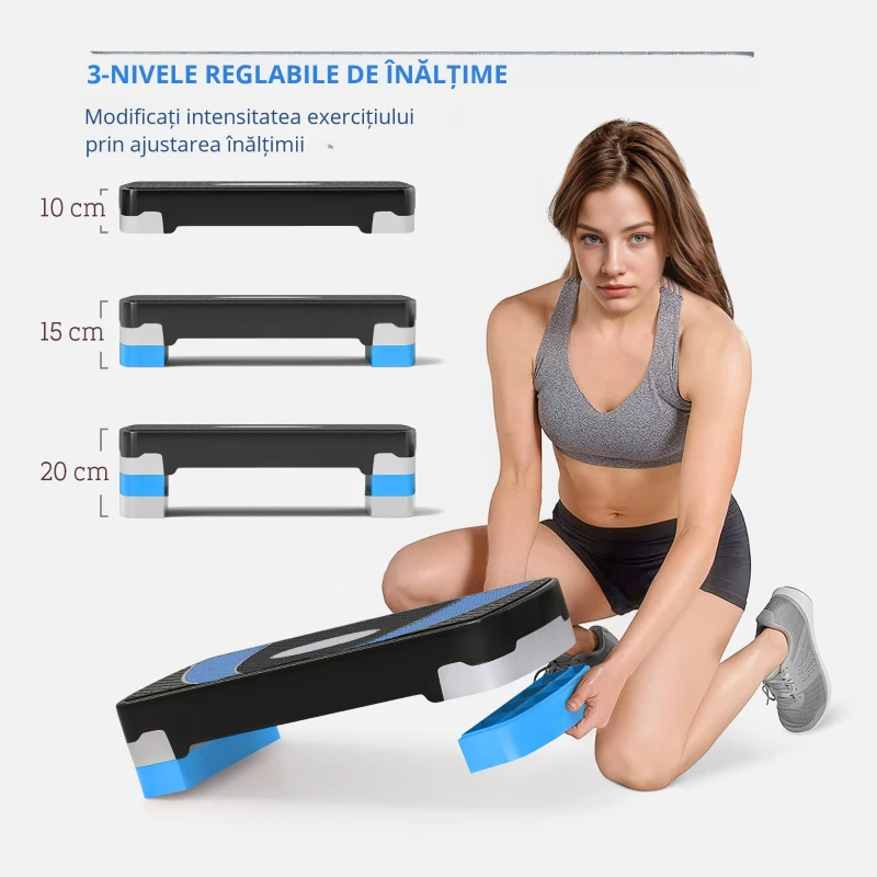 HOMCOM Stepper Fitness pentru Aerobic Reglabil pe 3 Înălțimi de 10-15-20 cm, Albastru și Negru