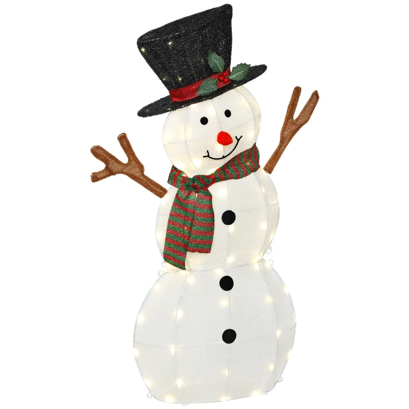 Outsunny Fröhliche Schneemann-Dekoration für Weihnachten, Außendekoration mit LED-Lichtern, Stahl, Polyester, Weiß+Schwarz