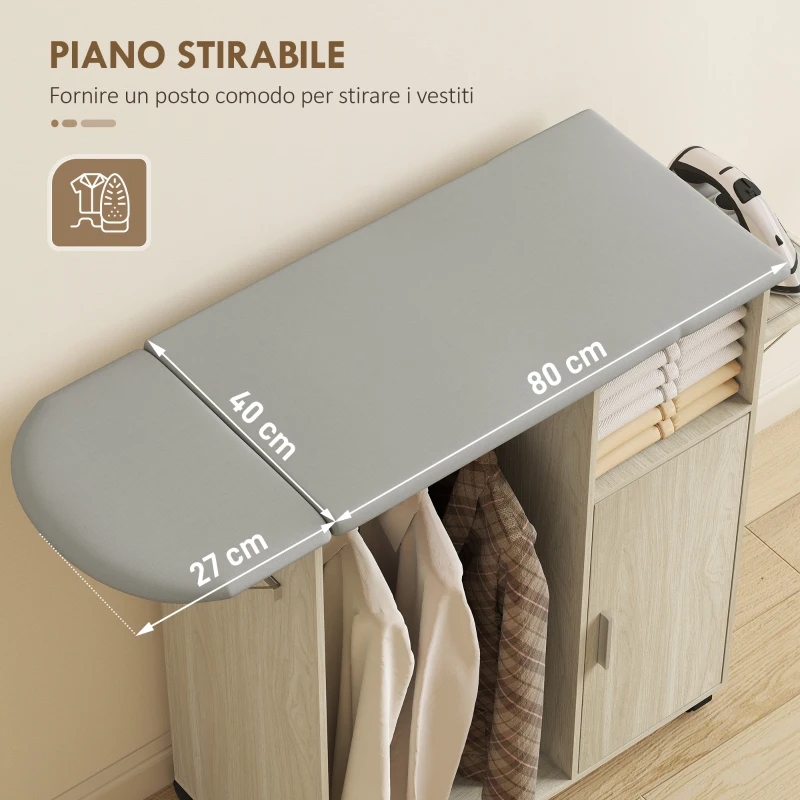 HOMCOM Mobile Asse da Stiro con Piano d'Appoggio Effetto Lino, 3 Ripiani a Cubo e Guida, 127x42.5x99 cm, Multicolore
