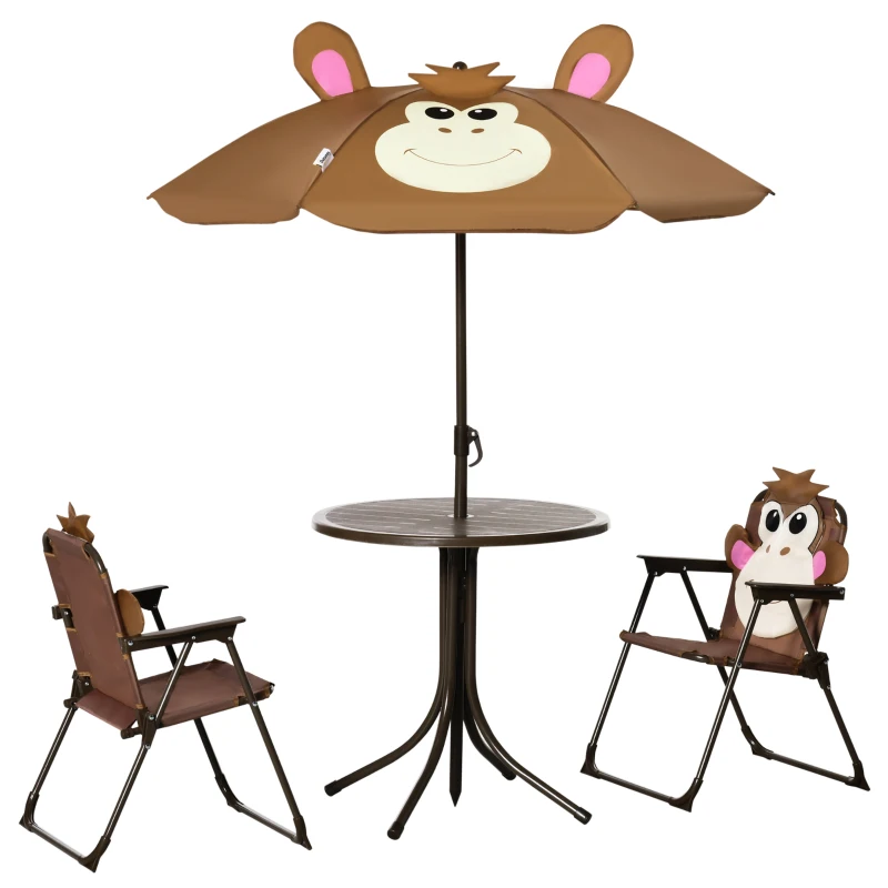 Outsunny Kids Bistro Table and Chair Set, Outdoor Folding Garden Furniture w/Monkey Design, Removable, Adjustable Sun Umbrella, Ages 3-6 Years - Brown