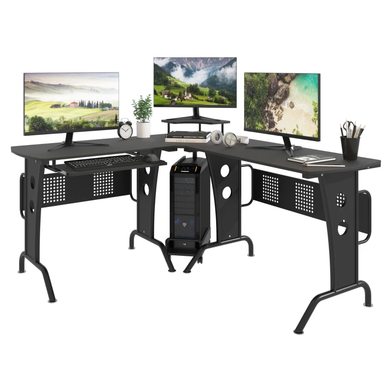 HOMCOM L-Shaped Computer Desk for PC, Corner Table for Small Spaces with Elevated Shelf, Keyboard Tray, CPU Stand, Home Office Workstation, Black