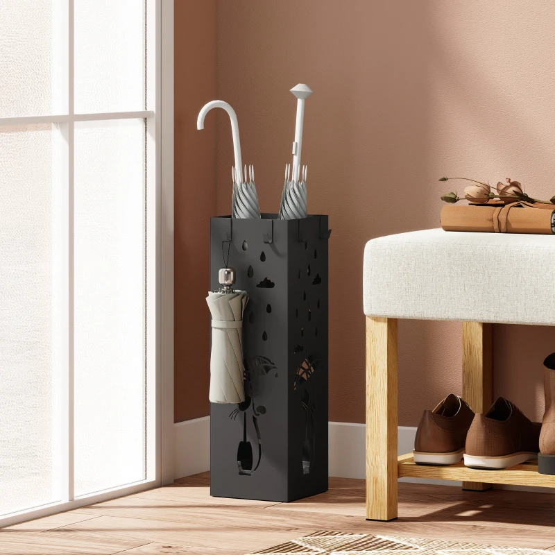 HOMCOM Portaombrelli Moderno con Raccogligocce e Ganci in Metallo, 15.5x15.5x49 cm, Nero