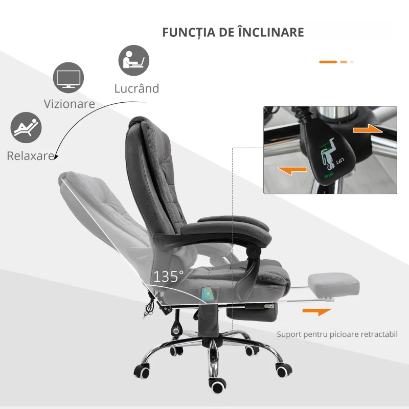 Vinsetto Fotoliu de birou pentru masaj si rabatabil cu 6 puncte de masaj incalzire Scaun de birou cu inaltime reglabila fotoliu pentru oaspeți sufragerie camera de zi dormitor dormitor interior casă