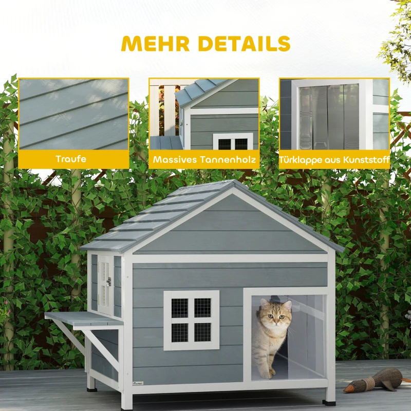 PawHut Katzenhaus aus Holz 2-Etagen Katzenhöhle mit wasserdicht aufklappbar Dach, seitlicher Plattform, 101x72,5x81cm, Grau