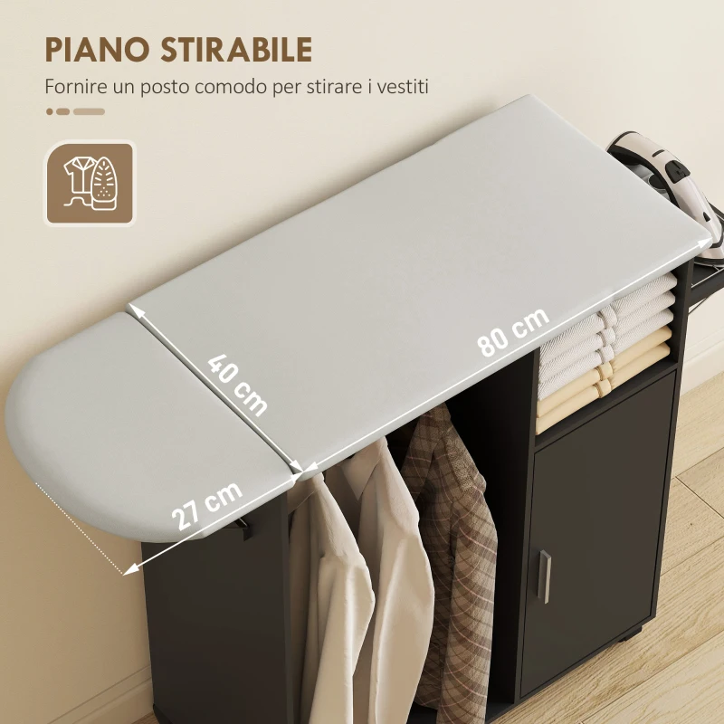 HOMCOM Mobile Asse da Stiro con Piano d'Appoggio Effetto Lino, 3 Ripiani a Cubo e Guida, 127x42.5x99 cm, Nero