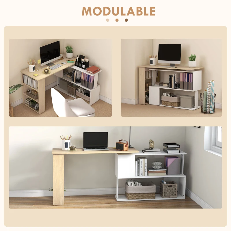 HOMCOM Bureau d'angle bureau informatique modulable bibliothèque intégrée + étagère 3 niveaux blanc et bois naturel