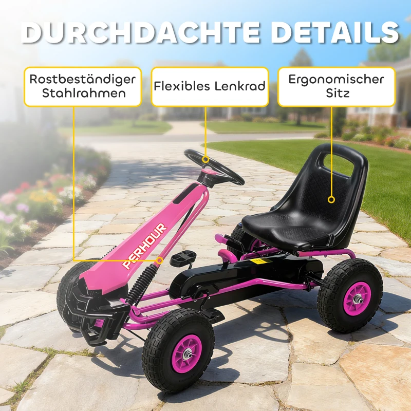 AIYAPLAY Pedal-Gokart für Kinder, höhenverstellbarer Sitz, EVA-Räder, Bremse, Kupplung, 3-8 Jahre, Rosa