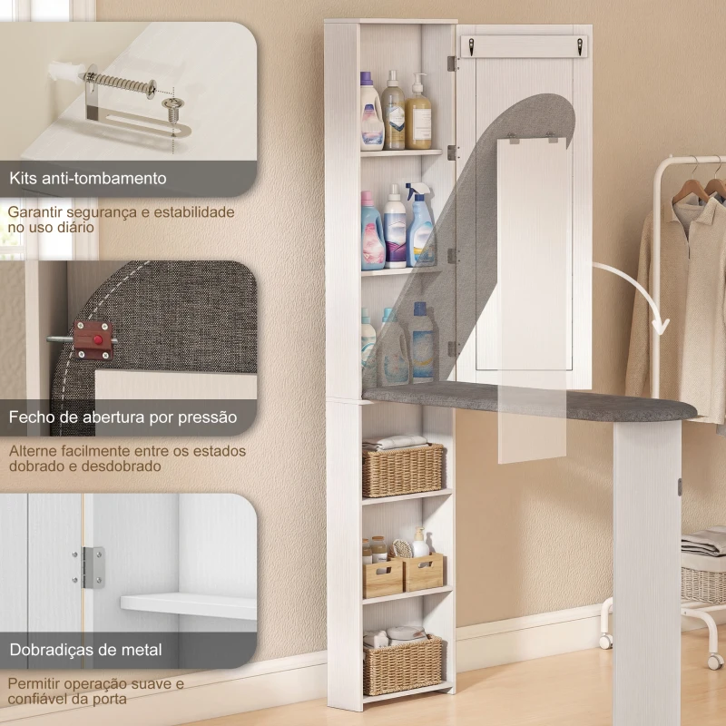 HOMCOM Móvel de Engomar com Espelho Tábua de Engomar Dobrável 6 Compartimentos 2 Ganchos 107x35x174 cm Branco