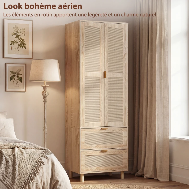 HOMCOM Armoire chambre penderie avec 2 portes en rotin, 2 tiroirs et barre de suspension, 63 x 47 x 185 cm, bois naturel