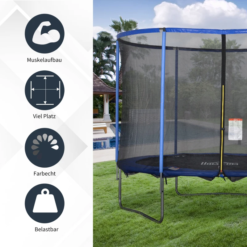 HOMCOM Trampolin mit Sicherheitsnetz Gartentrampolin für Innen- und Außenbereich Fitnesstrampolin für Jugendliche und Erwachsene Stahl Blau+Schwarz bis 113,6 kg Ø305 x 248H cm
