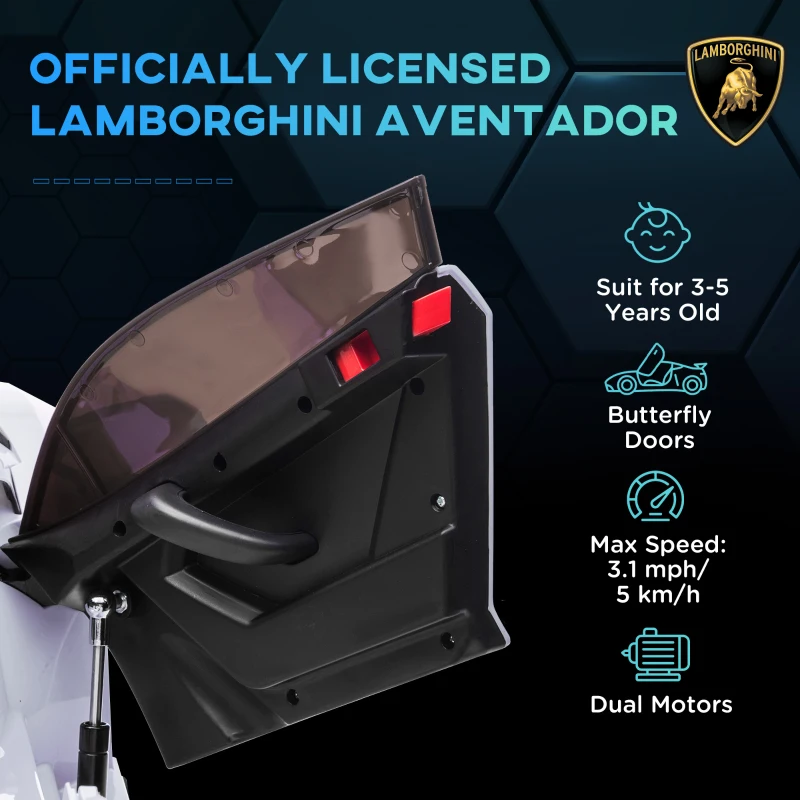 HOMCOM Lamborghini Aventador Licensed 12V Kids Electric Car with Butterfly Doors, Easy Transport, Powered Electric Ride On Car with Remote, Music, Horn, Suspension for Ages 3-5 Years - White