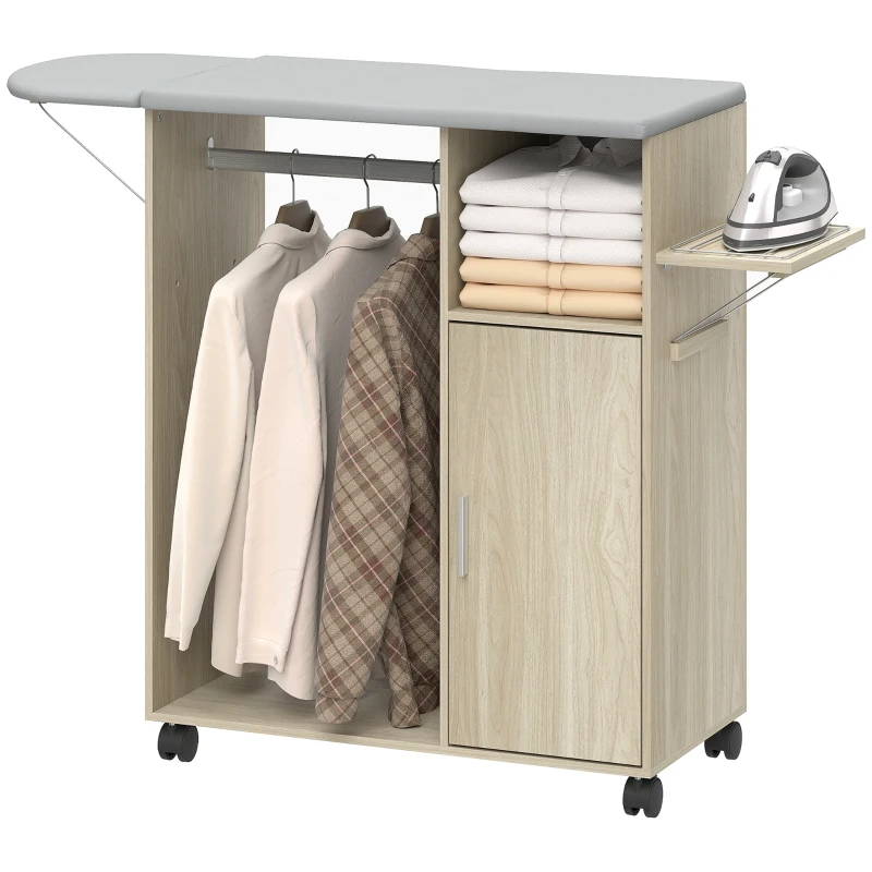HOMCOM Mobile Asse da Stiro con Piano d'Appoggio Effetto Lino, 3 Ripiani a Cubo e Guida, 127x42.5x99 cm, Multicolore