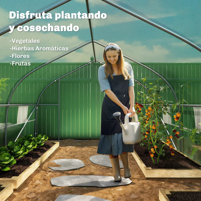 Outsunny Invernadero de Exterior Invernadero de Túnel 8x3x2 m Invernadero de Jardín con 12 Ventanas y Puerta Enrollable para Cultivo Plantas Tomates Verduras Acero y PE 140 g/m² Verde