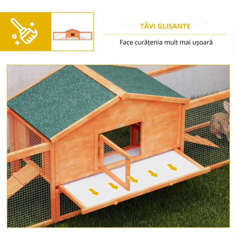 PawHut Cușcă cu Căsuță și 2 Împrejmuiri, Cușcă cu Rampă pentru Iepuri și Animale Mici, 309x69.5x87 cm, Portocaliu