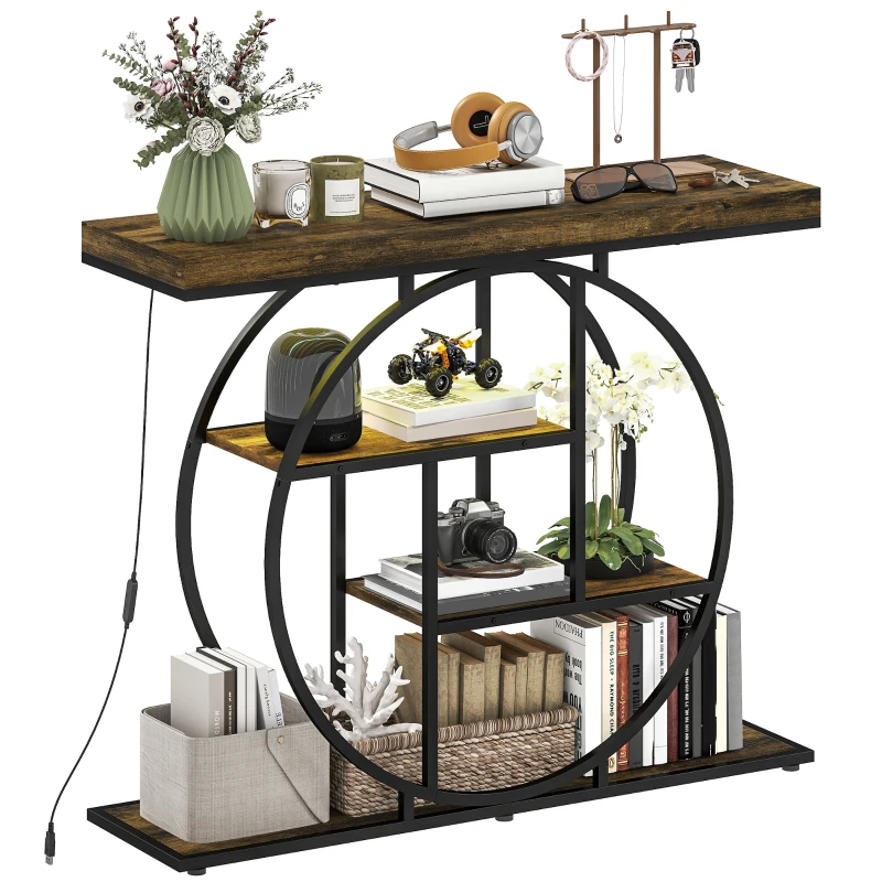 HOMCOM Console table with LED lighting 100 cm, 4-tier console with open shelves, rustic brown & black