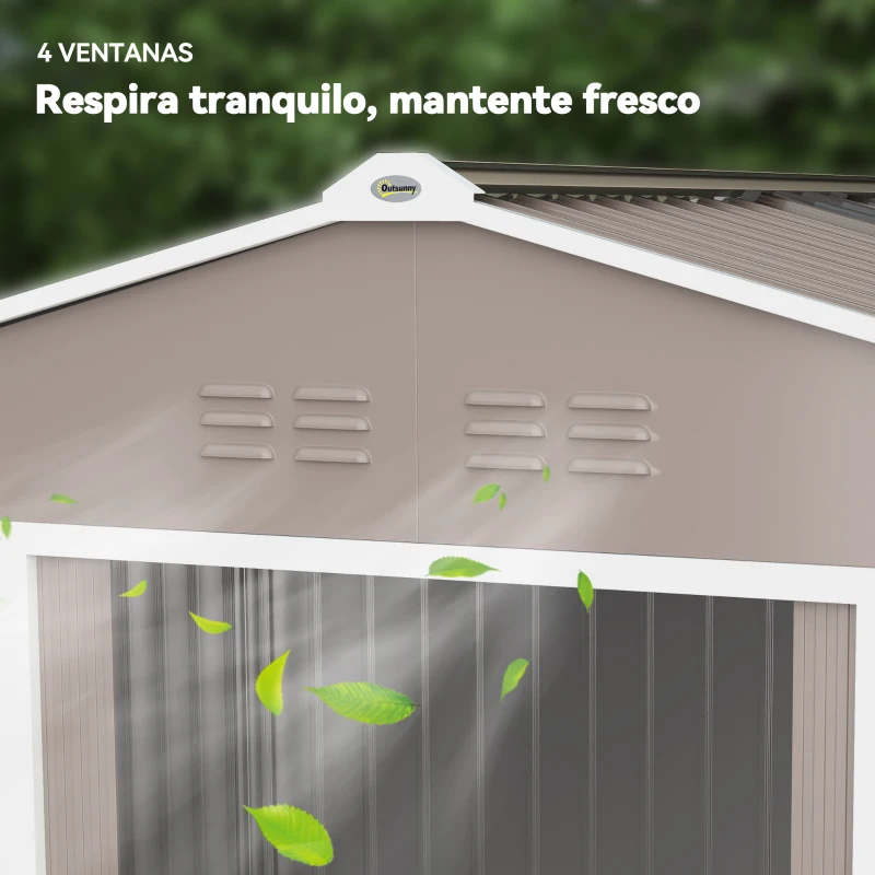 Outsunny Cobertizo de Jardín 4,9 m² 277x195x192 cm con 2 Puertas Correderas Techo de Fibra de Vidrio y 4 Ventanas Gris Claro