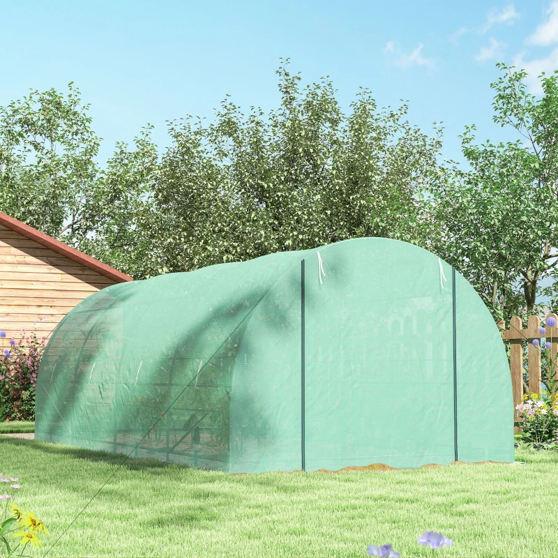 Outsunny Invernadero de Túnel 600x300x200 cm Invernadero de Jardín con Puerta Enrollable 8 Ventanas Cubierta PE 140g/m² y Tubo de Acero para Cultivos Plantas Verduras Verde