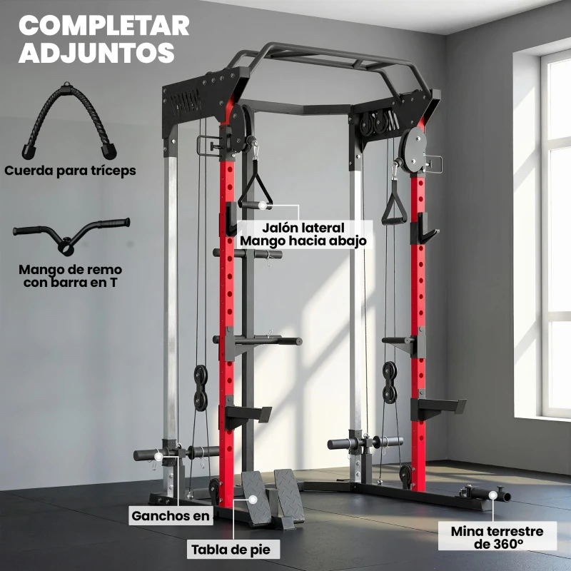 SPORTNOW Jaula de Potencia Smith Machine, Rack para Sentadillas con Sistema Polea Ajustable Barra Dominadas y Estación de Fondos