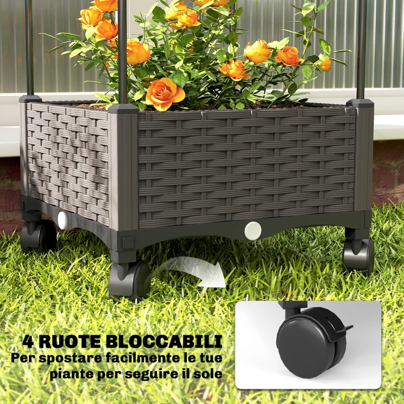 Outsunny Fioriera Rialzata con Traliccio da 185 cm, Fori di Drenaggio e 4 Rotelle, in Metallo Rivestito in PE e PP, Nero