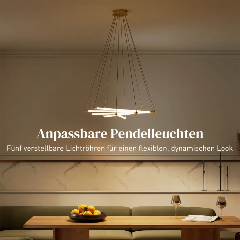 HOMCOM LED-Deckenlampe, 50W, 5 anpassbare Lichtrohre, anpassbar, Deckenleuchte für Wohnzimmer, Esszimmer, Küche, Gold+Weiß