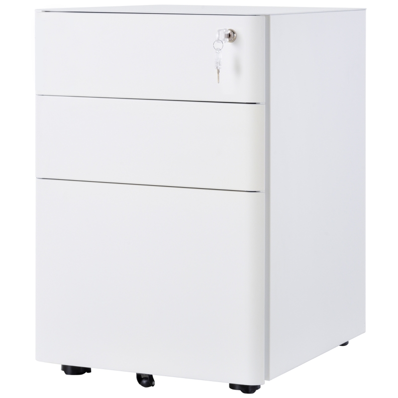 Vinsetto 3 Drawer Filing Cabinet on Wheels, Steel File Cabinet with Lockable Drawers for Home Office, White