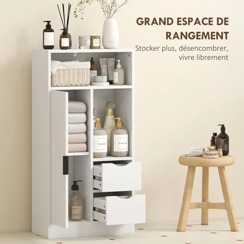 HOMCOM Meuble de salle de bain, meuble de rangement étroit avec 2 tiroirs, compartiments ouverts, 50x25x100cm, blanc