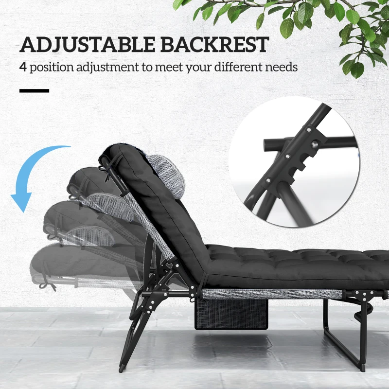 Outsunny Składany leżak ogrodowy z poduszką, leżak z 4-stopniowo regulowanym oparciem i boczną kieszenią, czarny