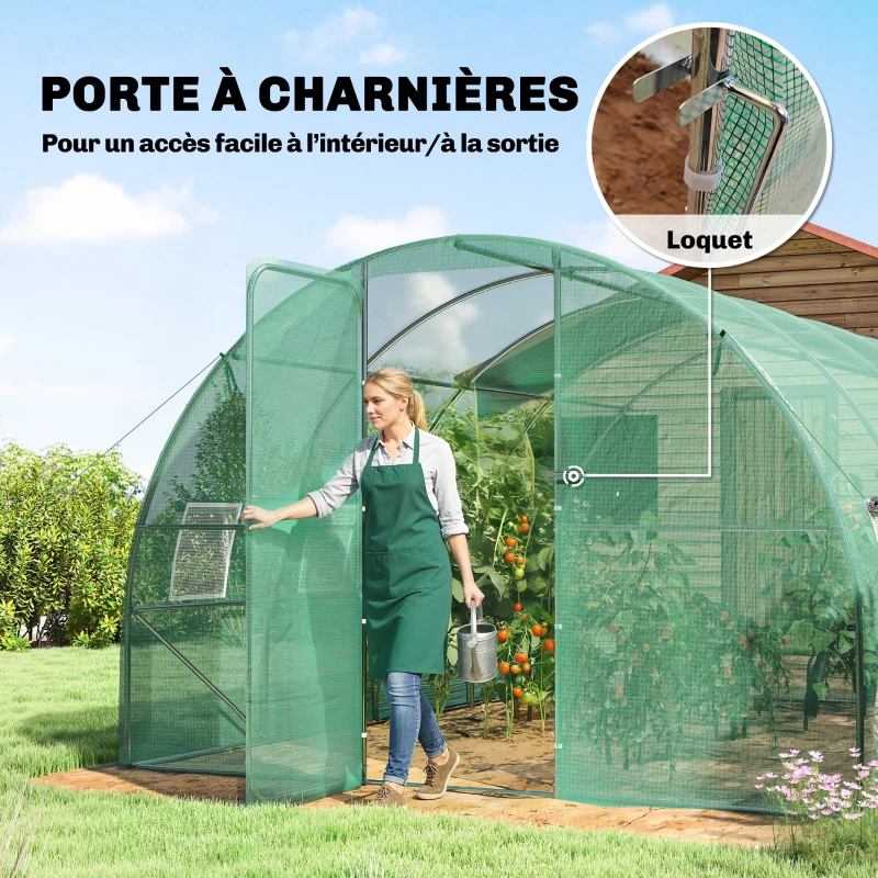 Outsunny Serre tunnel de jardin 12m², serre de jardin tunnel 295x400x200cm porte et 8 fenêtres, bâche PE 140 g/m² vert