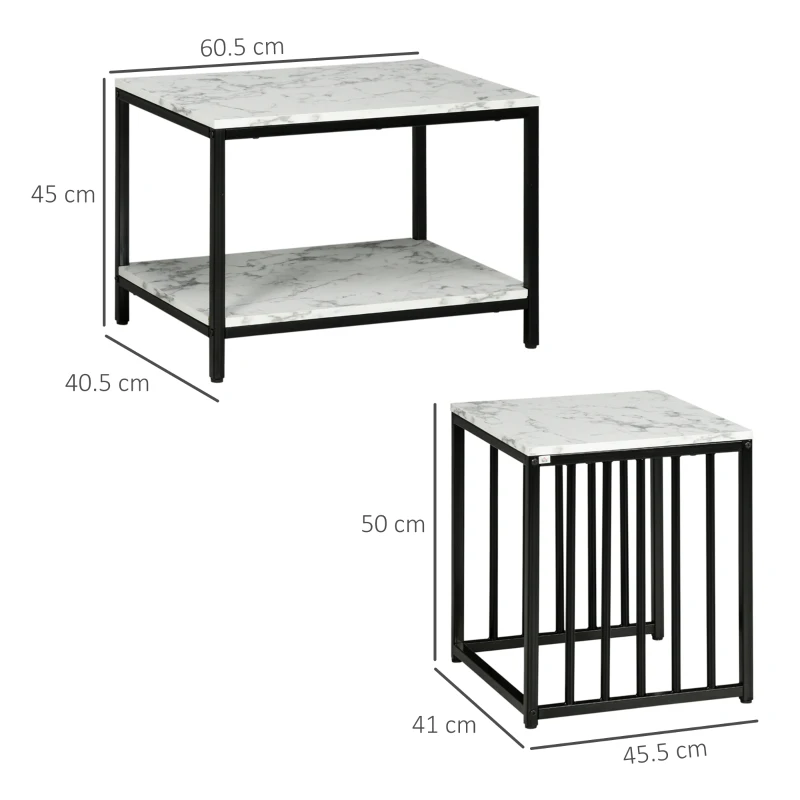 HOMCOM Set of 2 side tables nesting stackable coffee tables with marble-effect wood-look top black metal frame