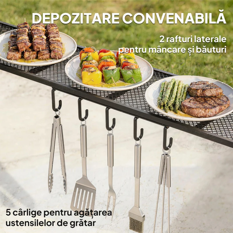 Outsunny Gazebo pentru Grătar 2.5x1.5 m, Pergolă pentru Grătar cu 2 Rafturi Laterale și Cârlige, Cadru din Oțel și Acoperiș din Poliester pentru Grădină, Gri Închis