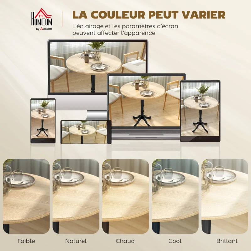 HOMCOM Table à manger ronde pour 4 personnes Ø 80 cm, table de cuisine, piétement en acier, style moderne, bois naturel et noir