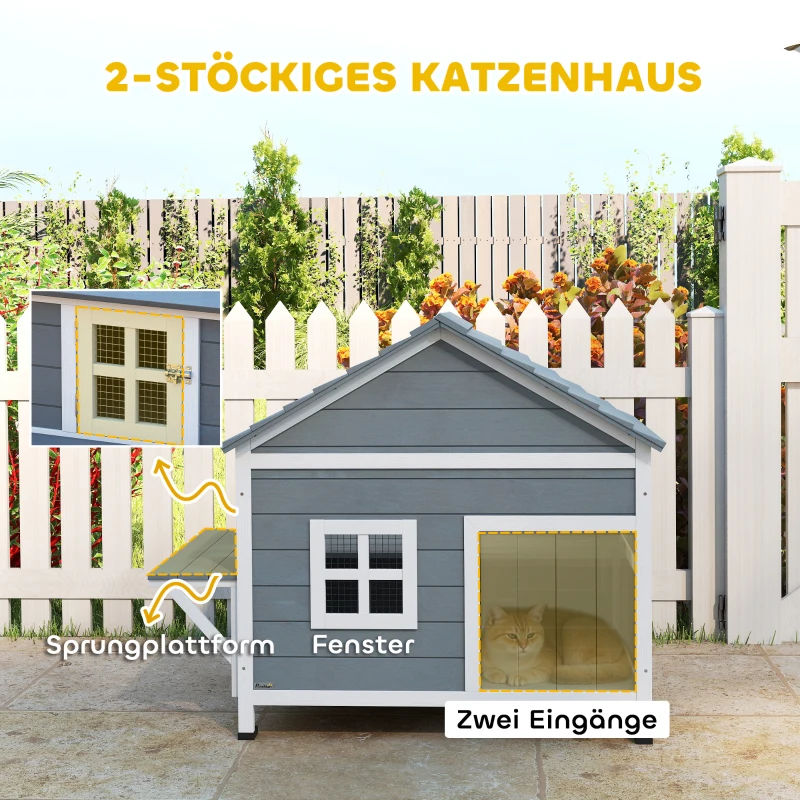 PawHut Katzenhaus aus Holz 2-Etagen Katzenhöhle mit wasserdicht aufklappbar Dach, seitlicher Plattform, 101x72,5x81cm, Grau